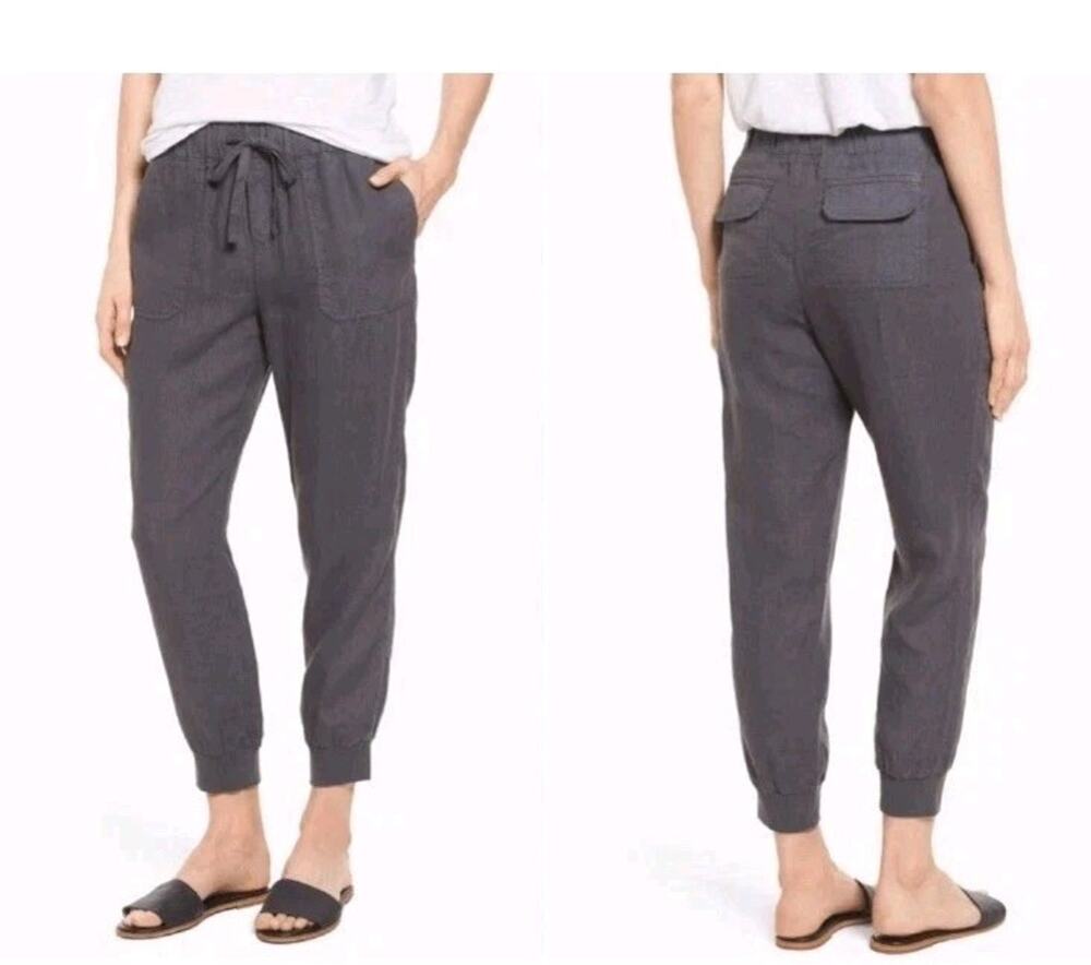 Caslon 100% Linen Pants Womens M Charcoal Gray Jogger Drawstring Pull On Elastic